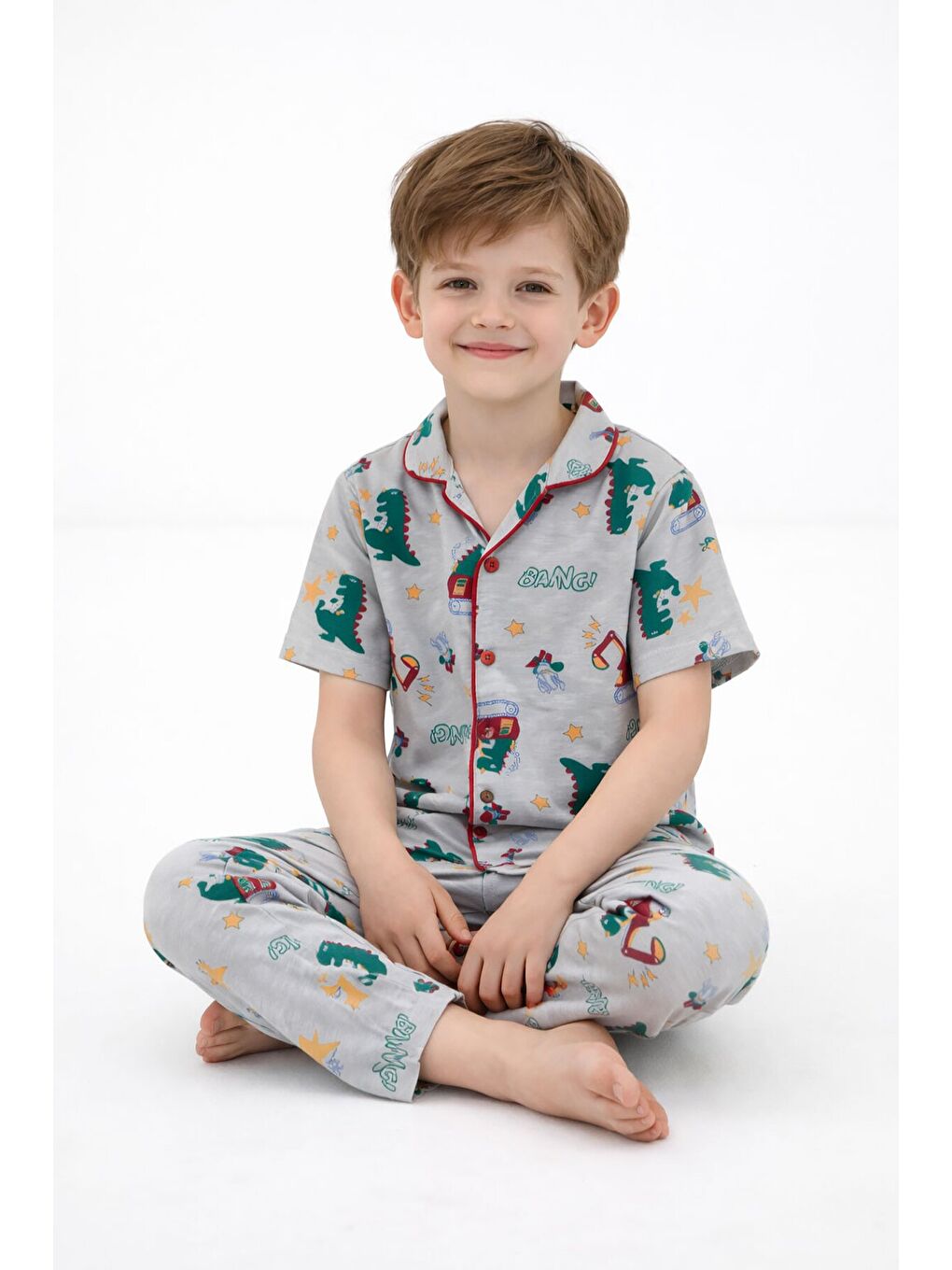 Gri Trex Desenli Düğmeli Erkek Çocuk Kısa Kol Pijama Takımı 23824-1