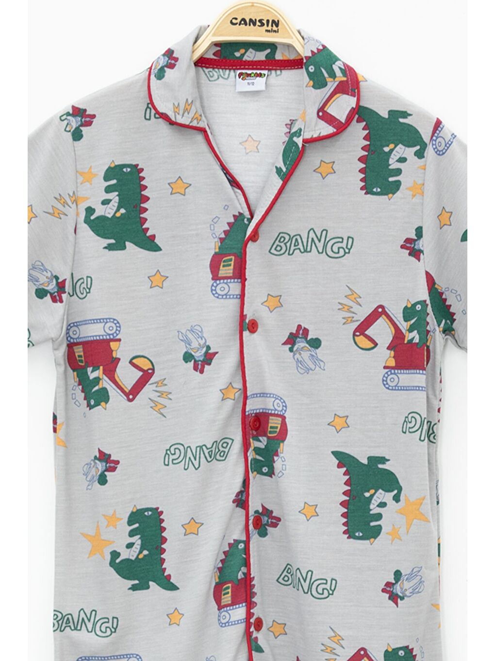 Gri Trex Desenli Düğmeli Erkek Çocuk Kısa Kol Pijama Takımı 23824-2