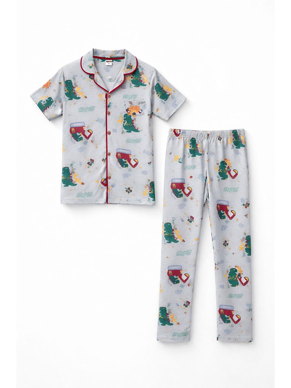 Gri Trex Desenli Düğmeli Erkek Çocuk Kısa Kol Pijama Takımı 23824-3