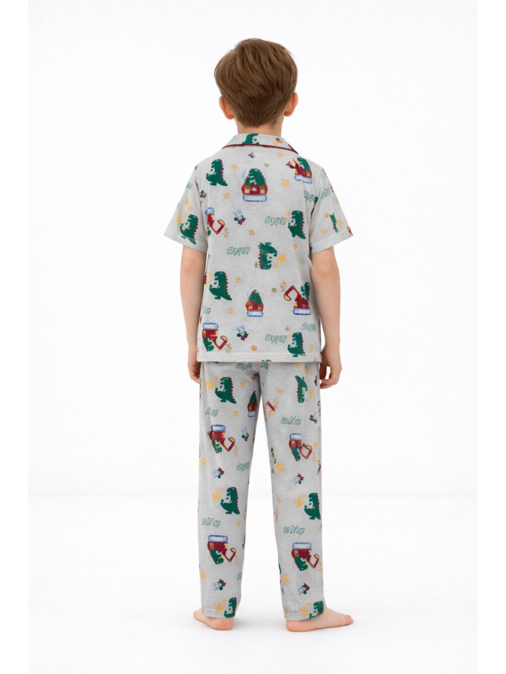 Gri Trex Desenli Düğmeli Erkek Çocuk Kısa Kol Pijama Takımı 23824-4