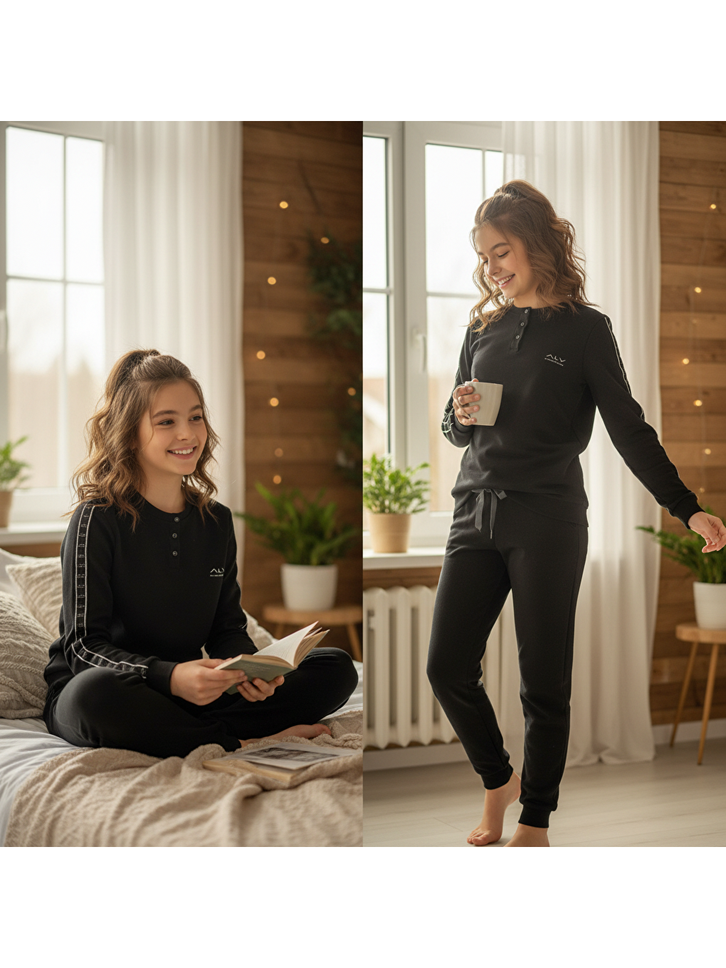 Genç Kız Pamuklu Siyah Renk Pijama Takımı Al507 V1 Bb2446-2