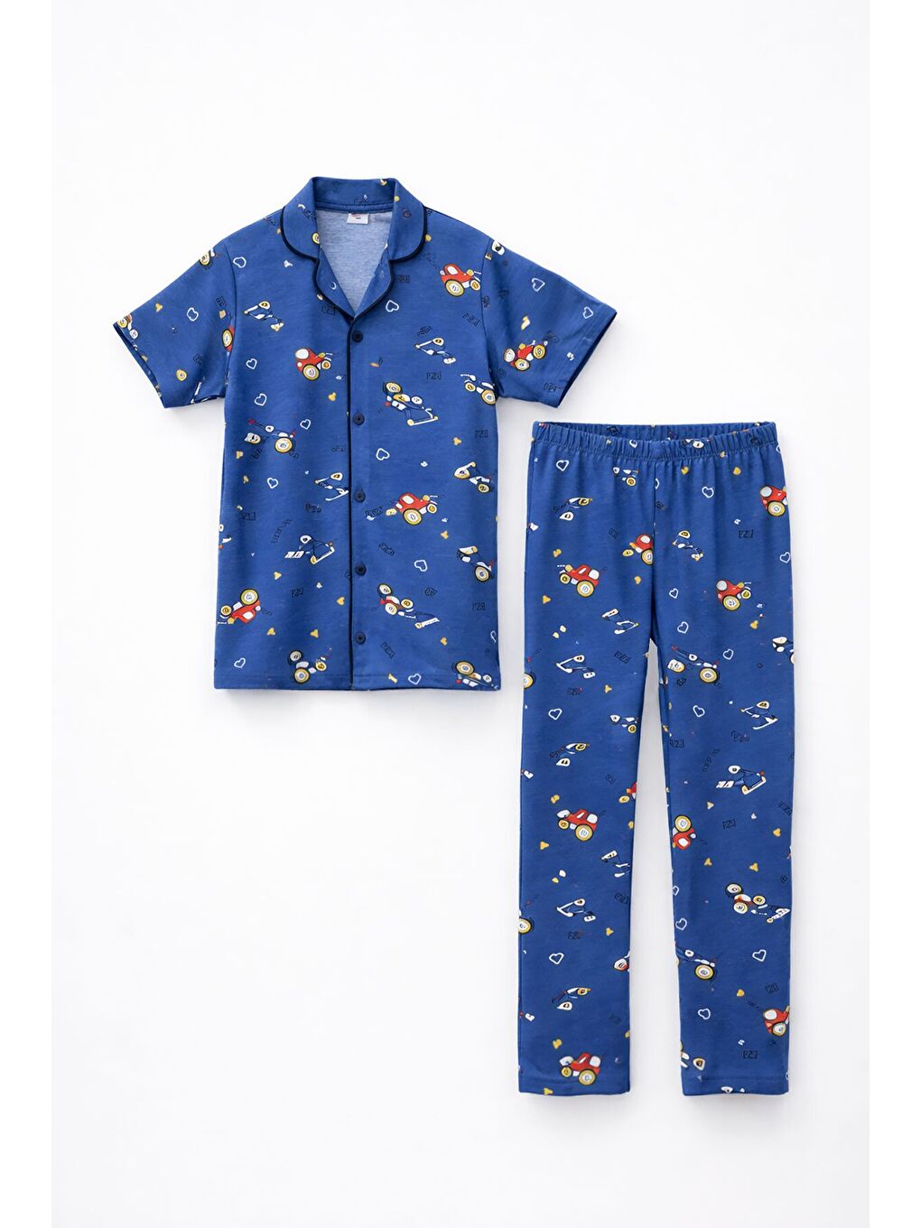 Lacivert Araba Desenli Düğmeli Erkek Çocuk Kısa Kol Pijama Takımı 23823-1