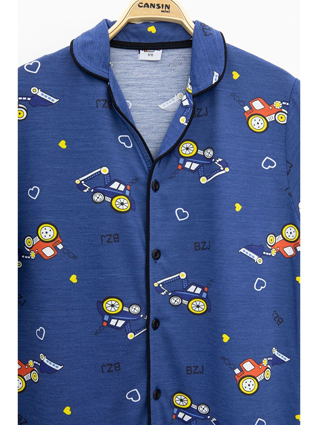 Lacivert Araba Desenli Düğmeli Erkek Çocuk Kısa Kol Pijama Takımı 23823-2