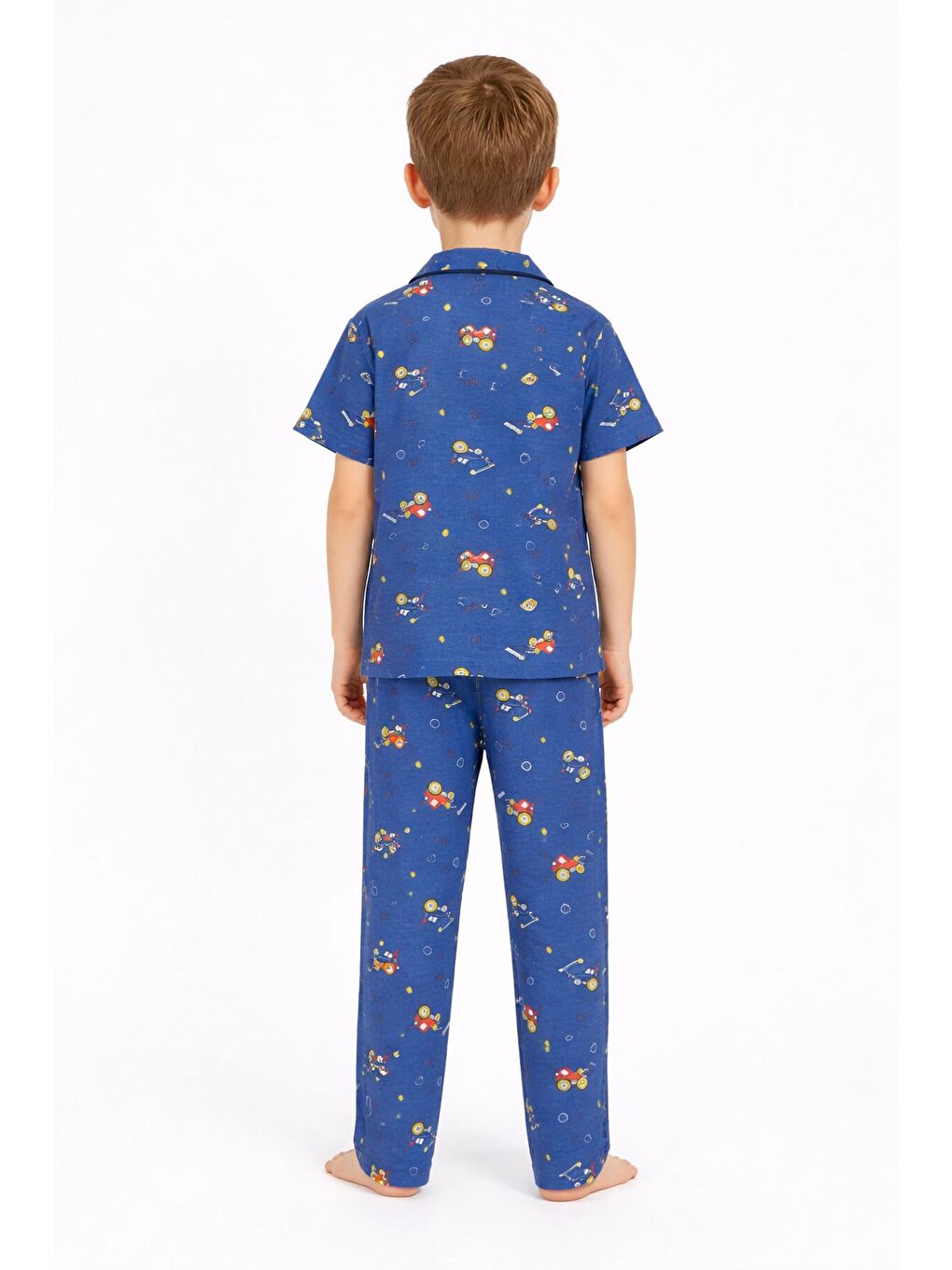 Lacivert Araba Desenli Düğmeli Erkek Çocuk Kısa Kol Pijama Takımı 23823-4