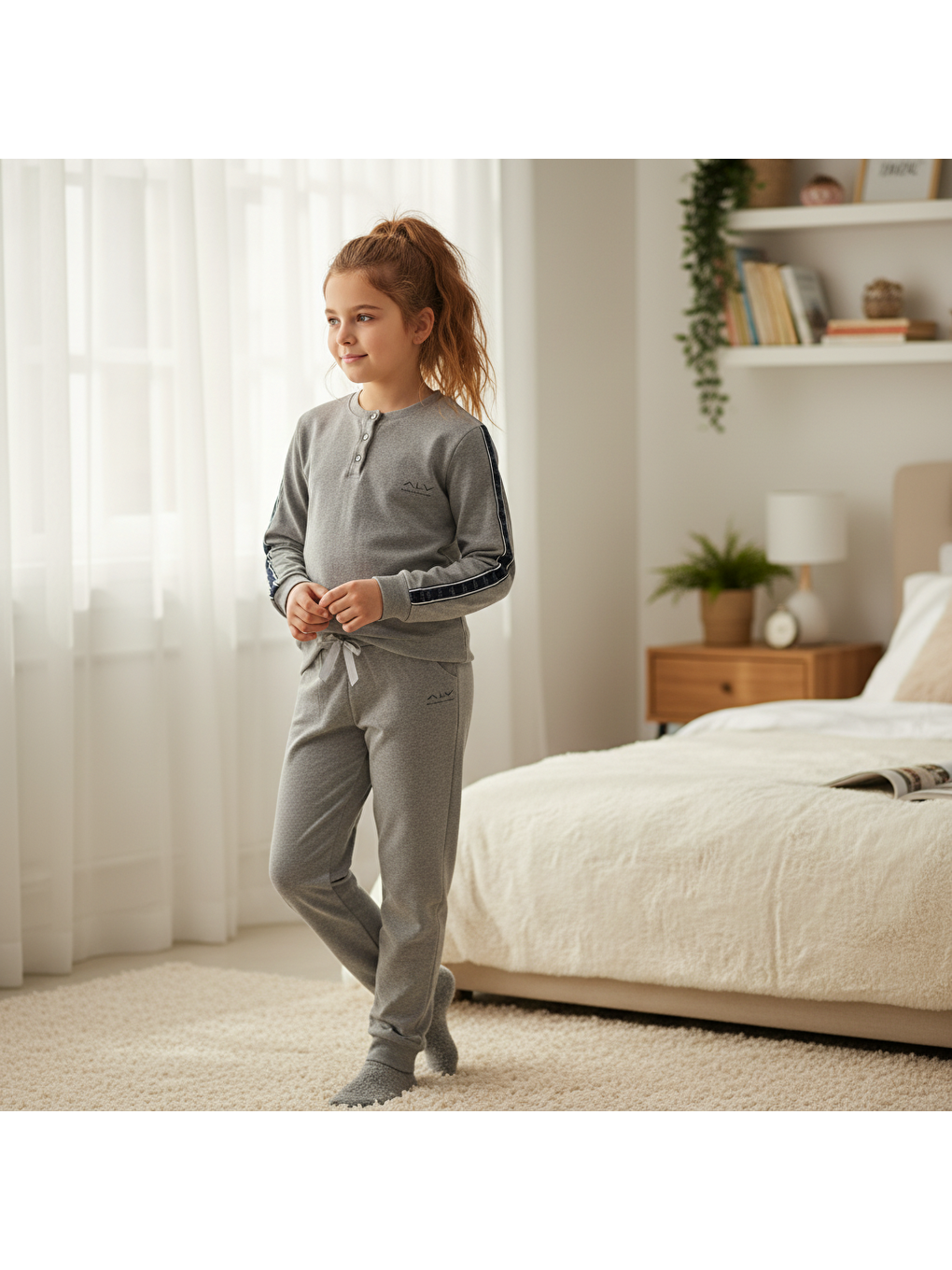 Genç Kız Pamuklu Gri Renk Pijama Takımı Al507 V2 Bb2447-1