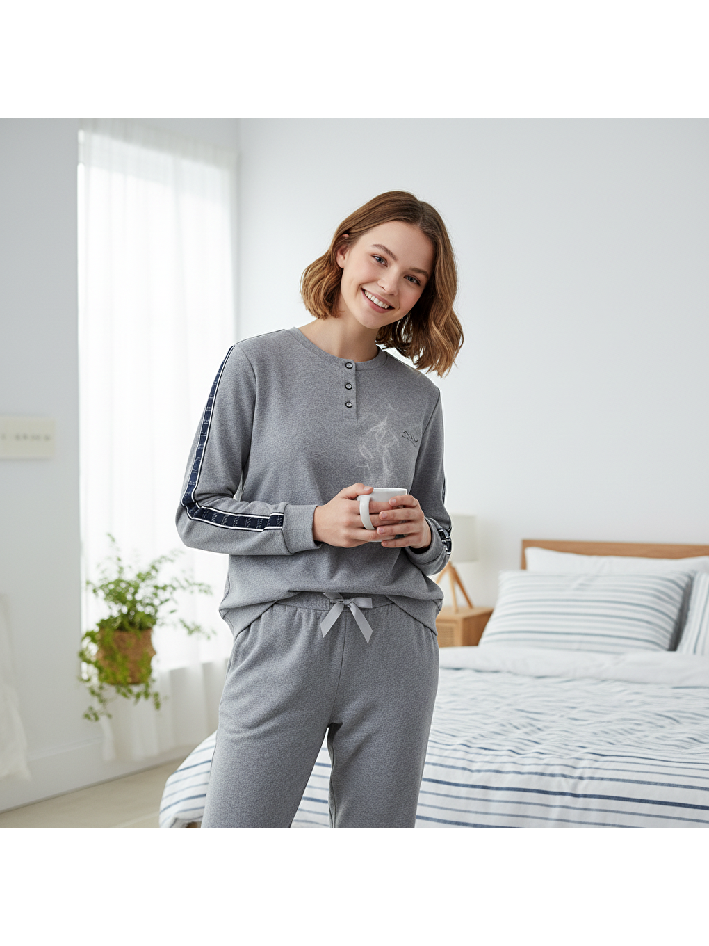 Genç Kız Pamuklu Gri Renk Pijama Takımı Al507 V2 Bb2447-4