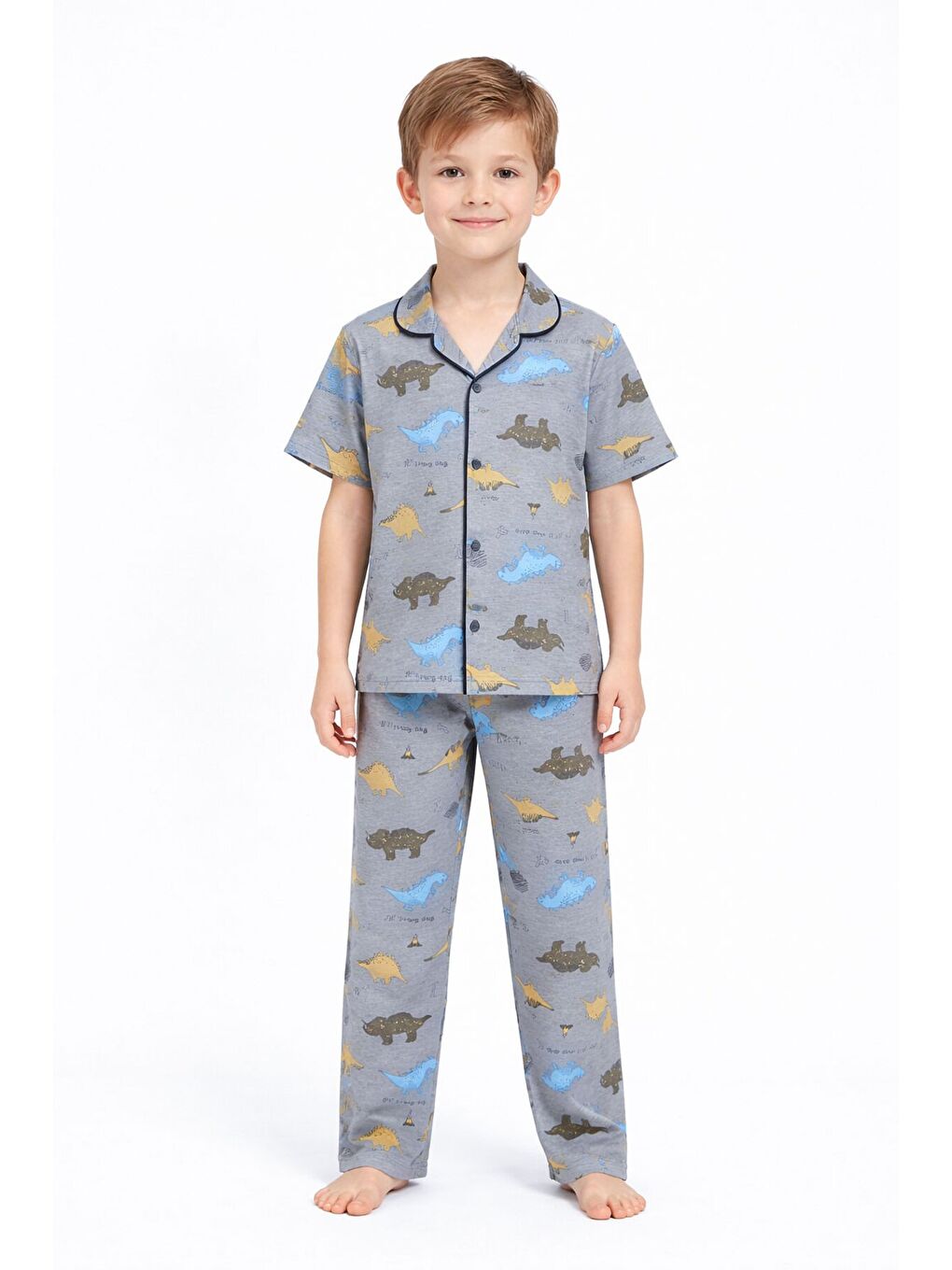 Gri Dinozor Desenli Düğmeli Erkek Çocuk Kısa Kol Pijama Takımı 23822