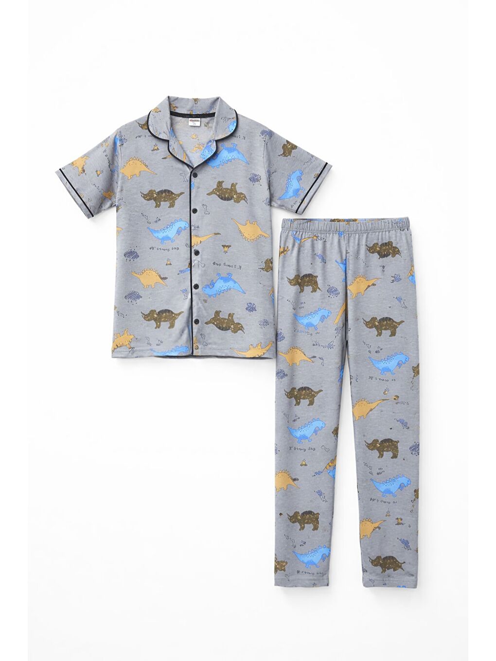 Gri Dinozor Desenli Düğmeli Erkek Çocuk Kısa Kol Pijama Takımı 23822-1