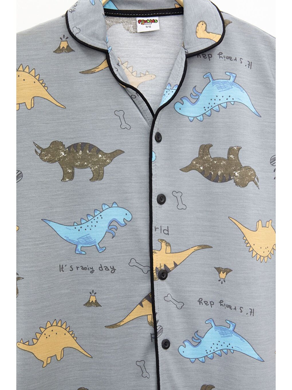 Gri Dinozor Desenli Düğmeli Erkek Çocuk Kısa Kol Pijama Takımı 23822-2