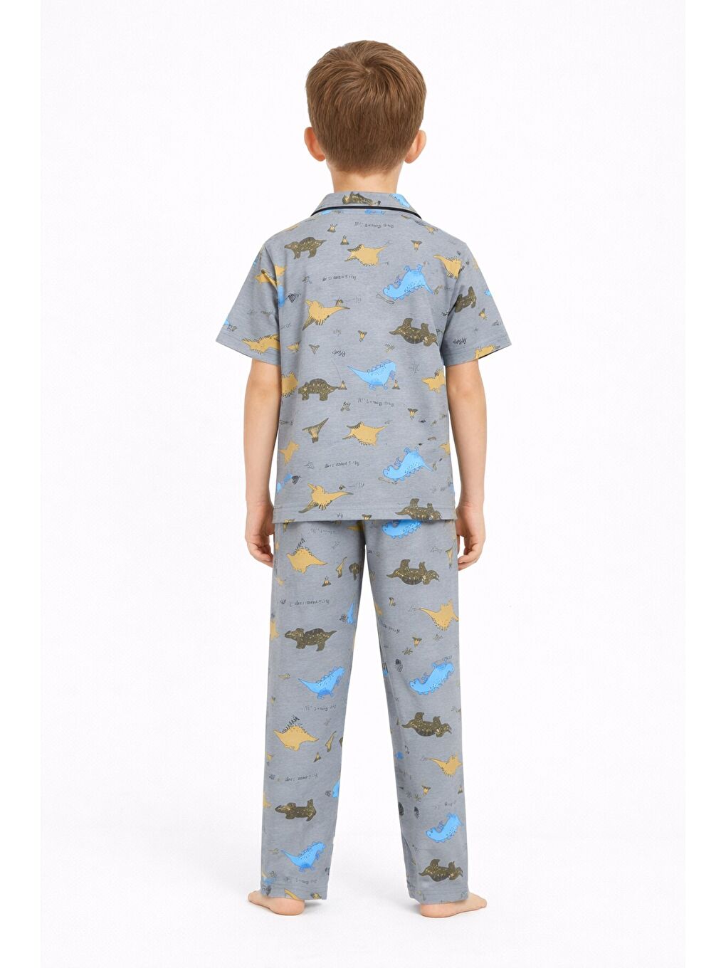 Gri Dinozor Desenli Düğmeli Erkek Çocuk Kısa Kol Pijama Takımı 23822-4