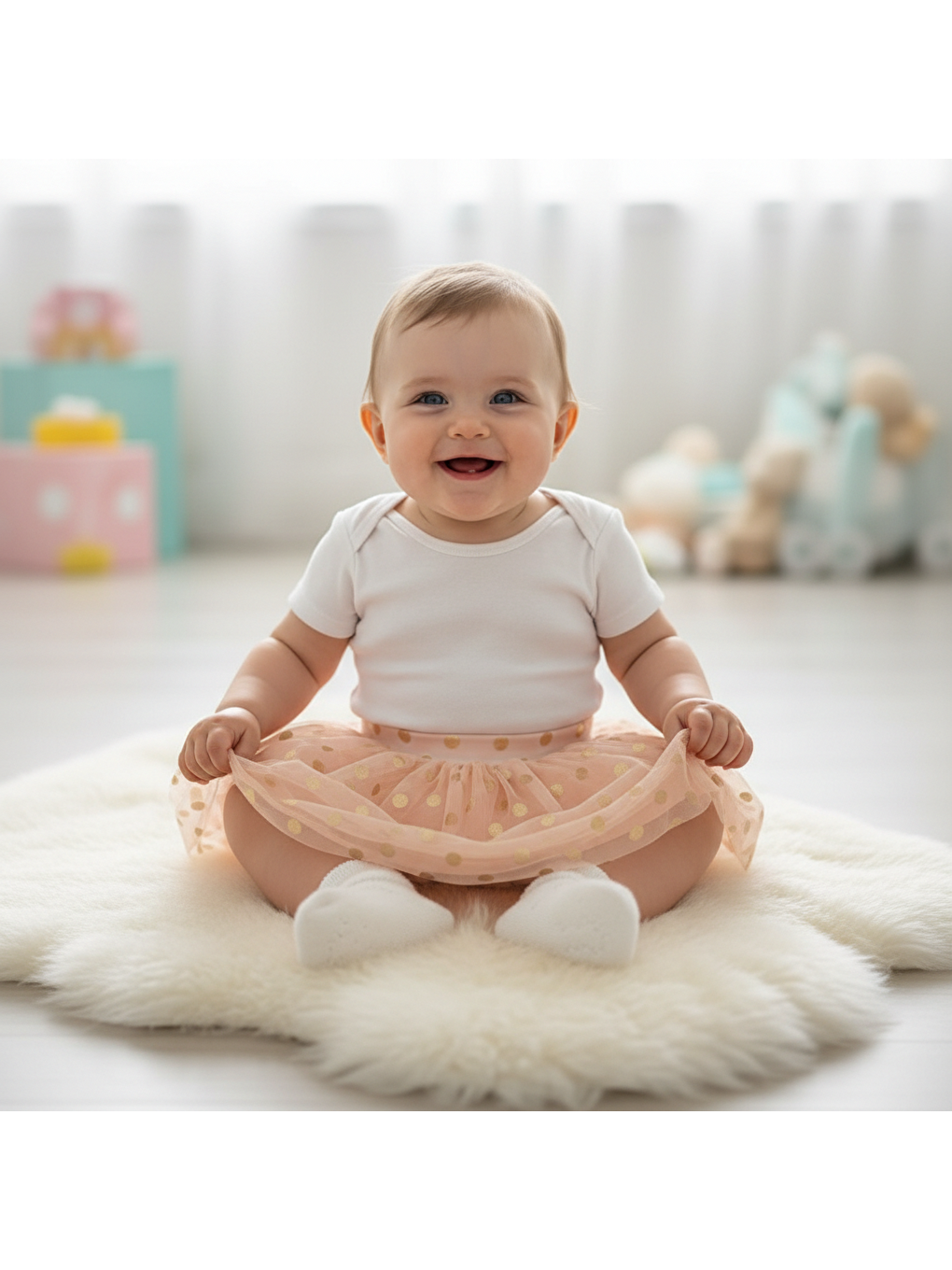 Pembe Bebek Tül Puantiyeli Pudra Renk Etek Bb2180-2