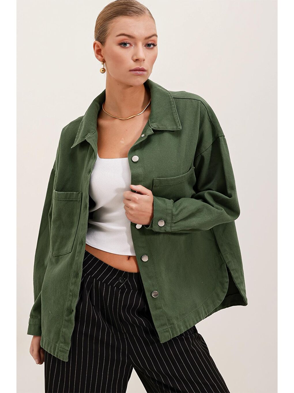 Bigdart 20192 Oversize Gabardin Gömlek Ceket - Haki