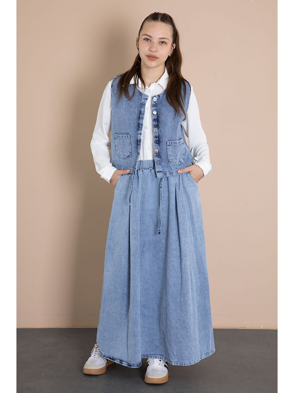 Mavi Jean Etekli Sıfır Kol Yelekli Kız Çocuk Gömlekli 3lü Takım 23916-1