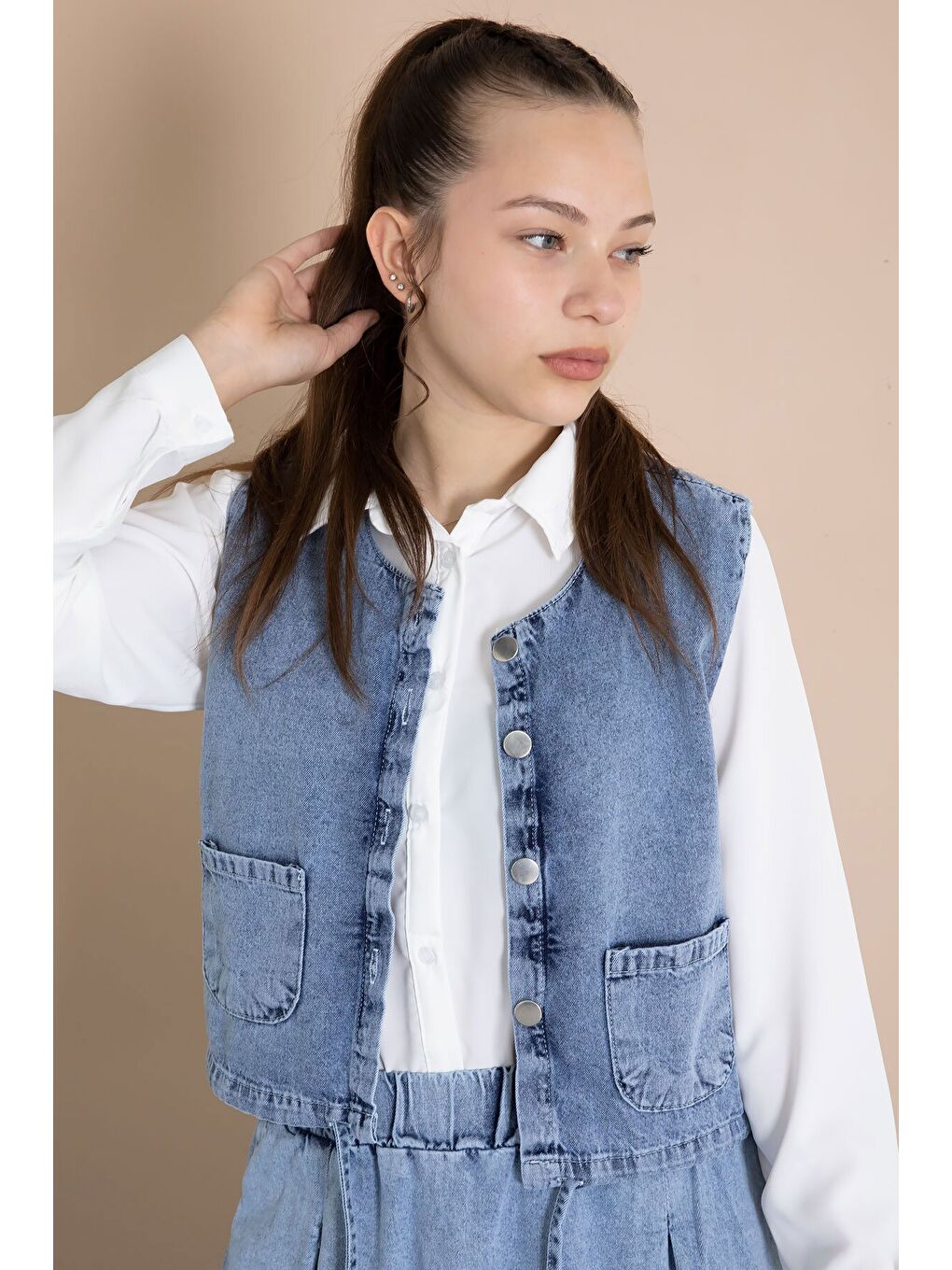 Mavi Jean Etekli Sıfır Kol Yelekli Kız Çocuk Gömlekli 3lü Takım 23916-2