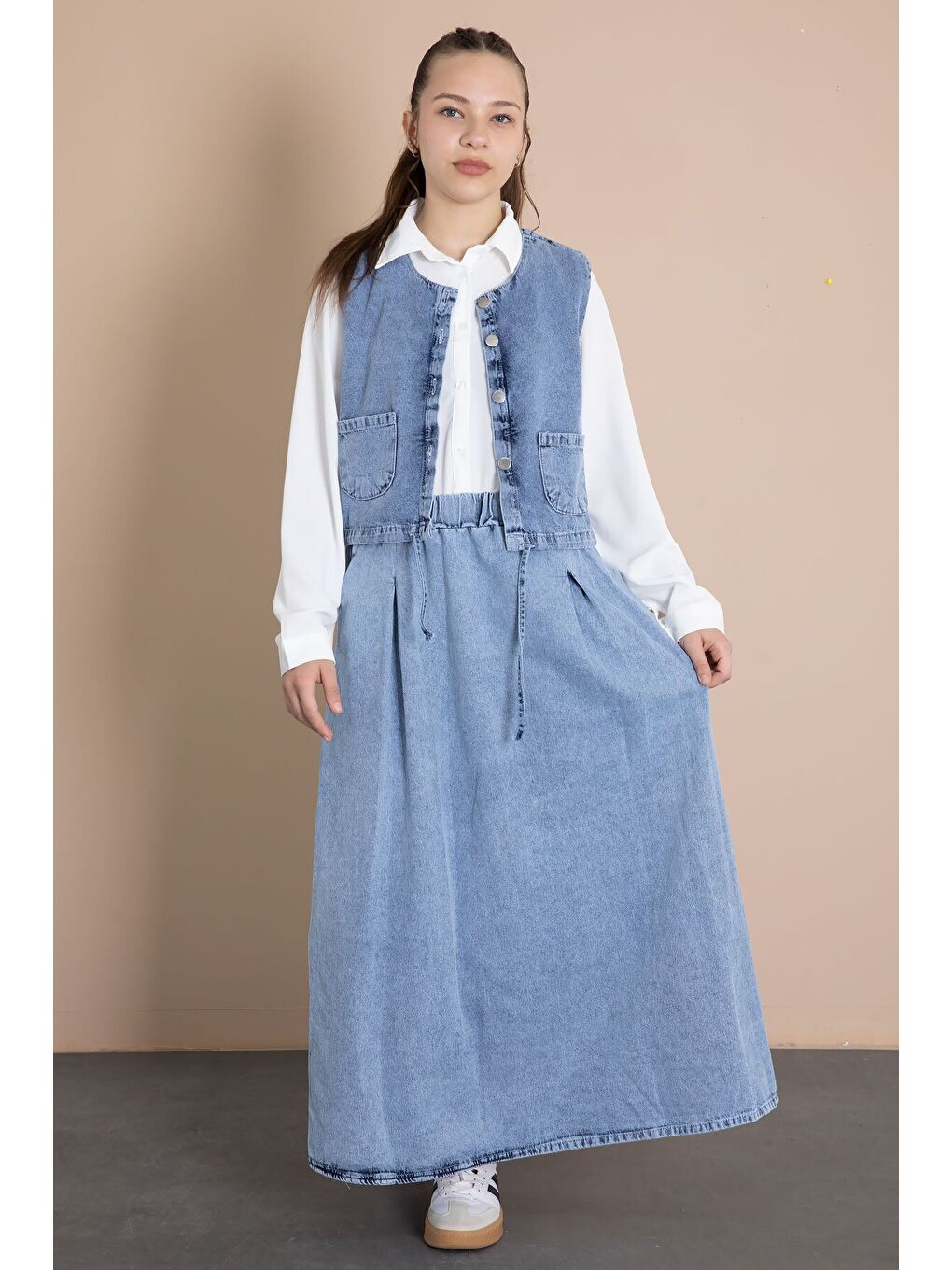 Mavi Jean Etekli Sıfır Kol Yelekli Kız Çocuk Gömlekli 3lü Takım 23916-3