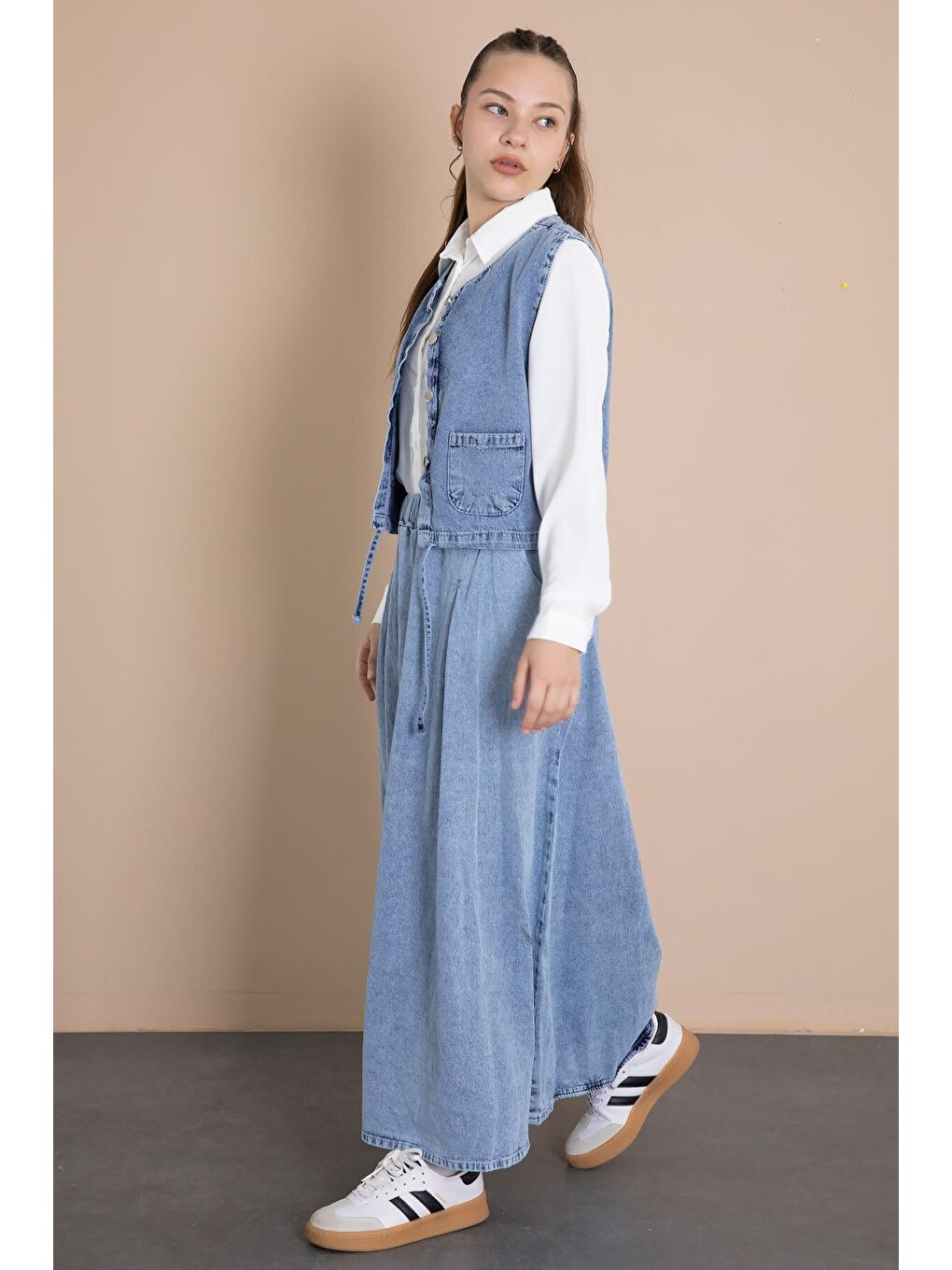 Mavi Jean Etekli Sıfır Kol Yelekli Kız Çocuk Gömlekli 3lü Takım 23916-4