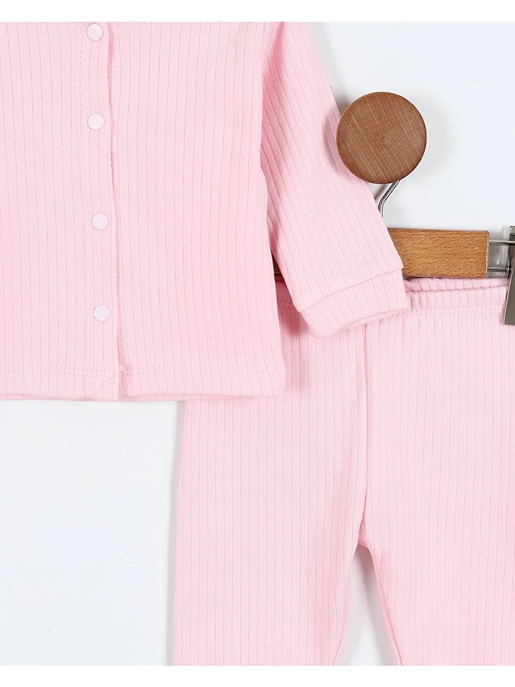 Pembe Çıtçıtlı %100 Pamuk Yenidoğan Fitilli Alt Üst Pijama Takım-3