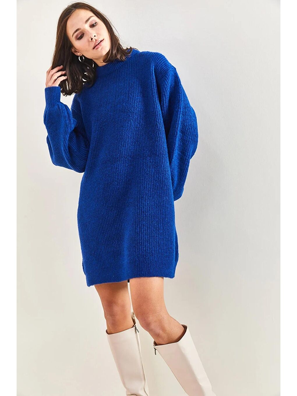 Lacivert Kadın Kolları Desenli Fitilli Triko Tunik-3