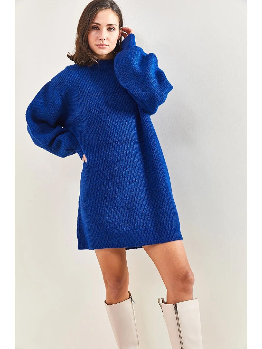 Lacivert Kadın Kolları Desenli Fitilli Triko Tunik-4