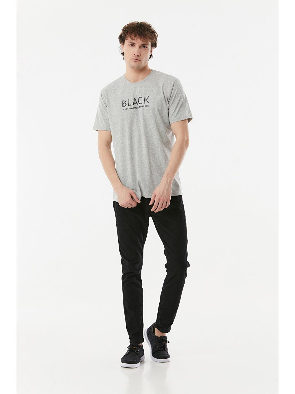 Gri Baskılı Bisiklet Yaka Tişört-1