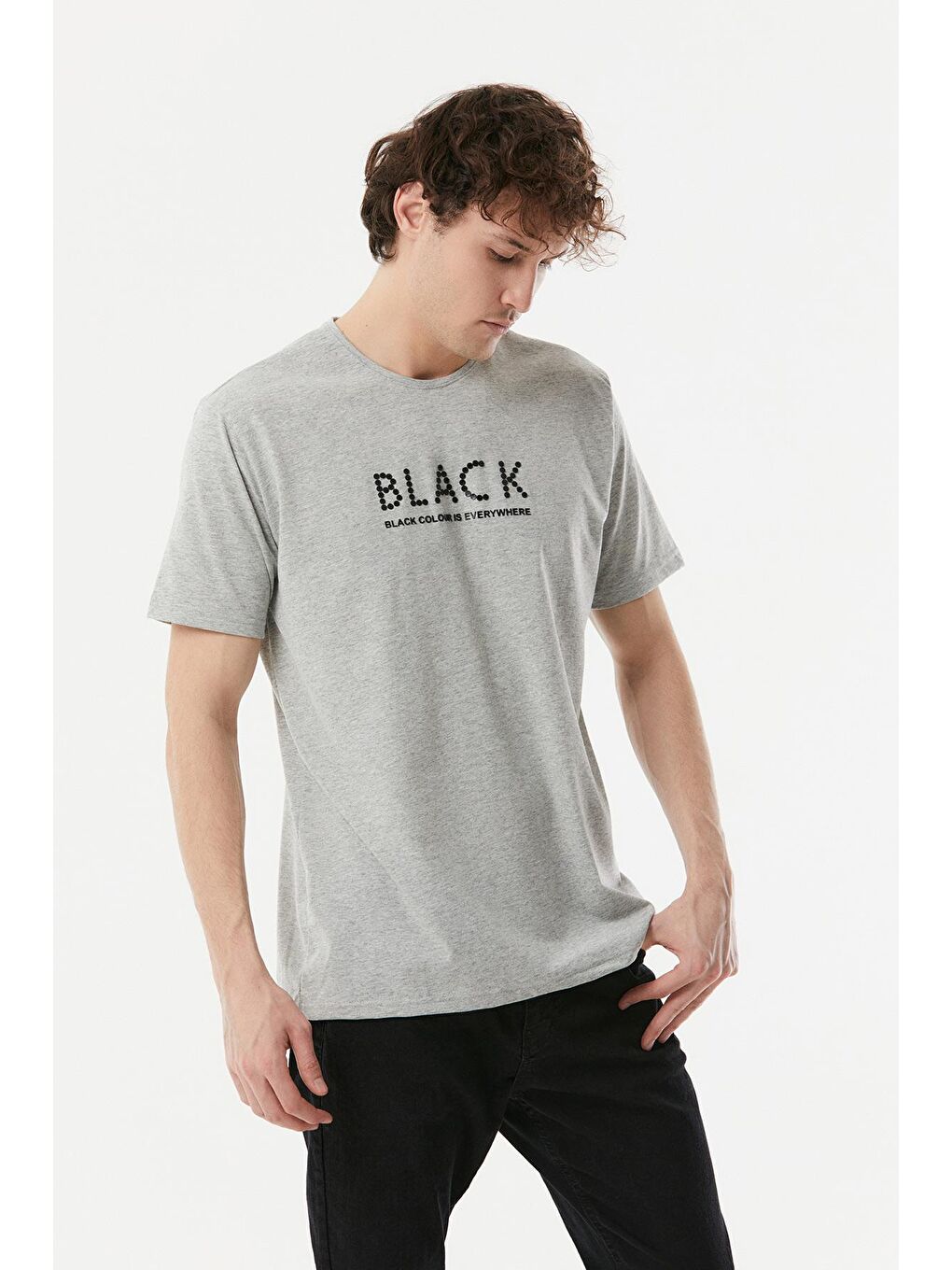 Gri Baskılı Bisiklet Yaka Tişört-2