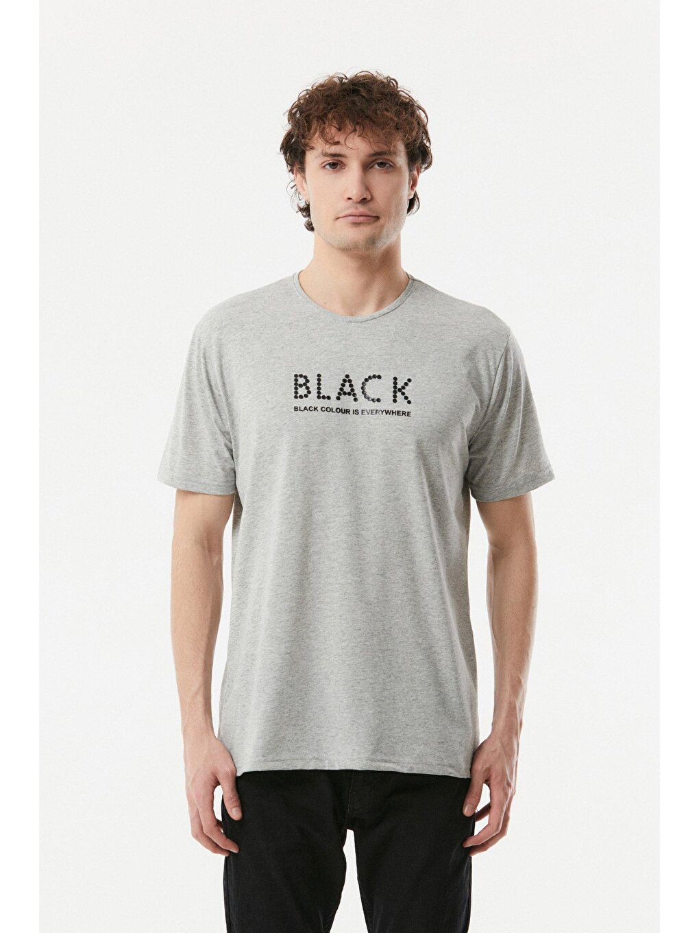 Gri Baskılı Bisiklet Yaka Tişört-4