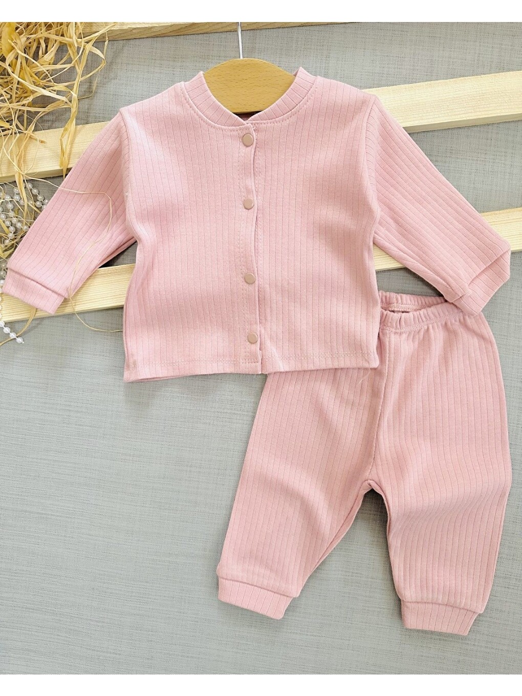 Pembe Çıtçıtlı %100 Pamuk Yenidoğan Fitilli Alt Üst Pijama Takım