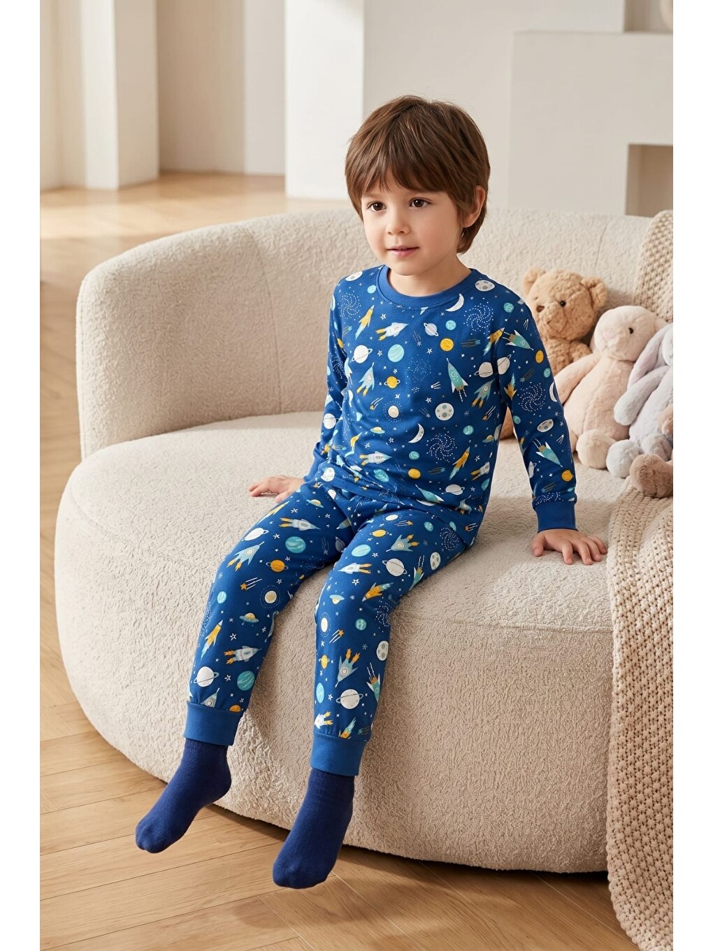 Mavi Erkek Çocuk Pamuklu Desenli Pijama Takım Tkm1019-2