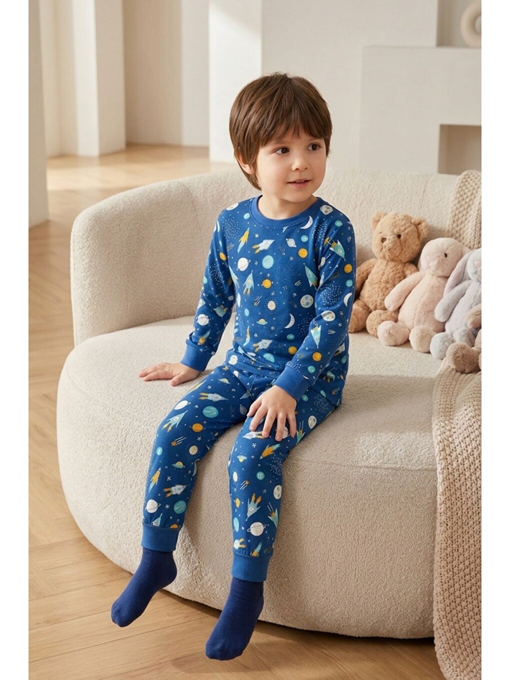 Mavi Erkek Çocuk Pamuklu Desenli Pijama Takım Tkm1019-3