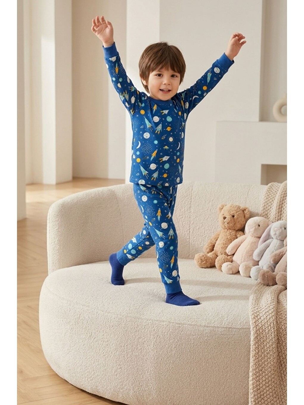Mavi Erkek Çocuk Pamuklu Desenli Pijama Takım Tkm1019-4