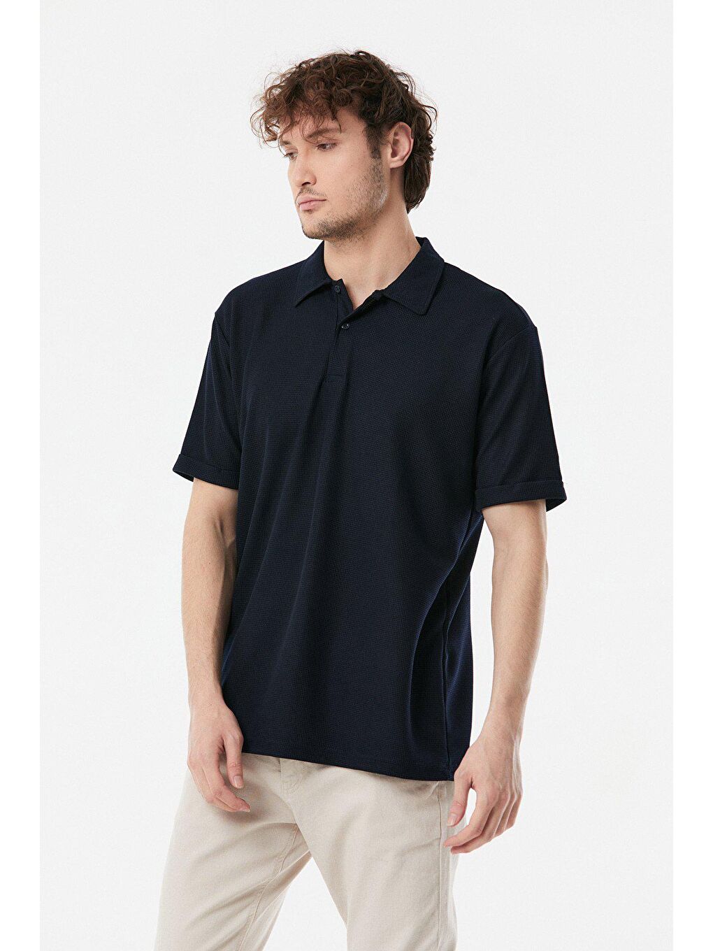 Lacivert Waffle Kumaş Polo Yaka Duble Kol Tişört-1