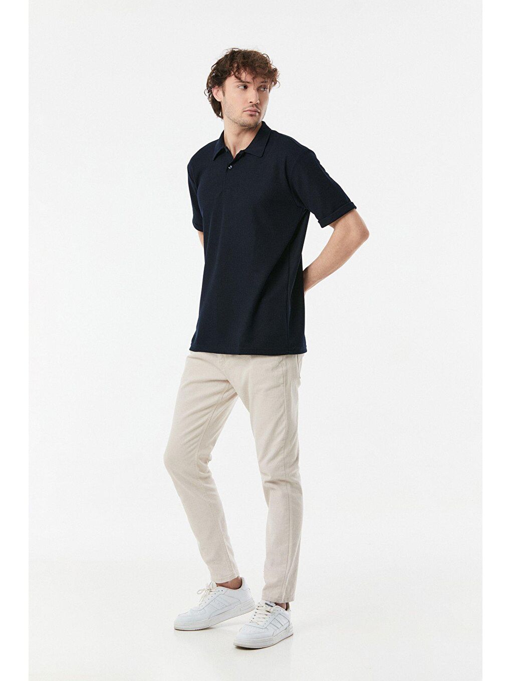 Lacivert Waffle Kumaş Polo Yaka Duble Kol Tişört-2