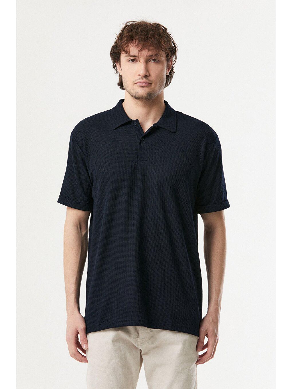 Lacivert Waffle Kumaş Polo Yaka Duble Kol Tişört-4