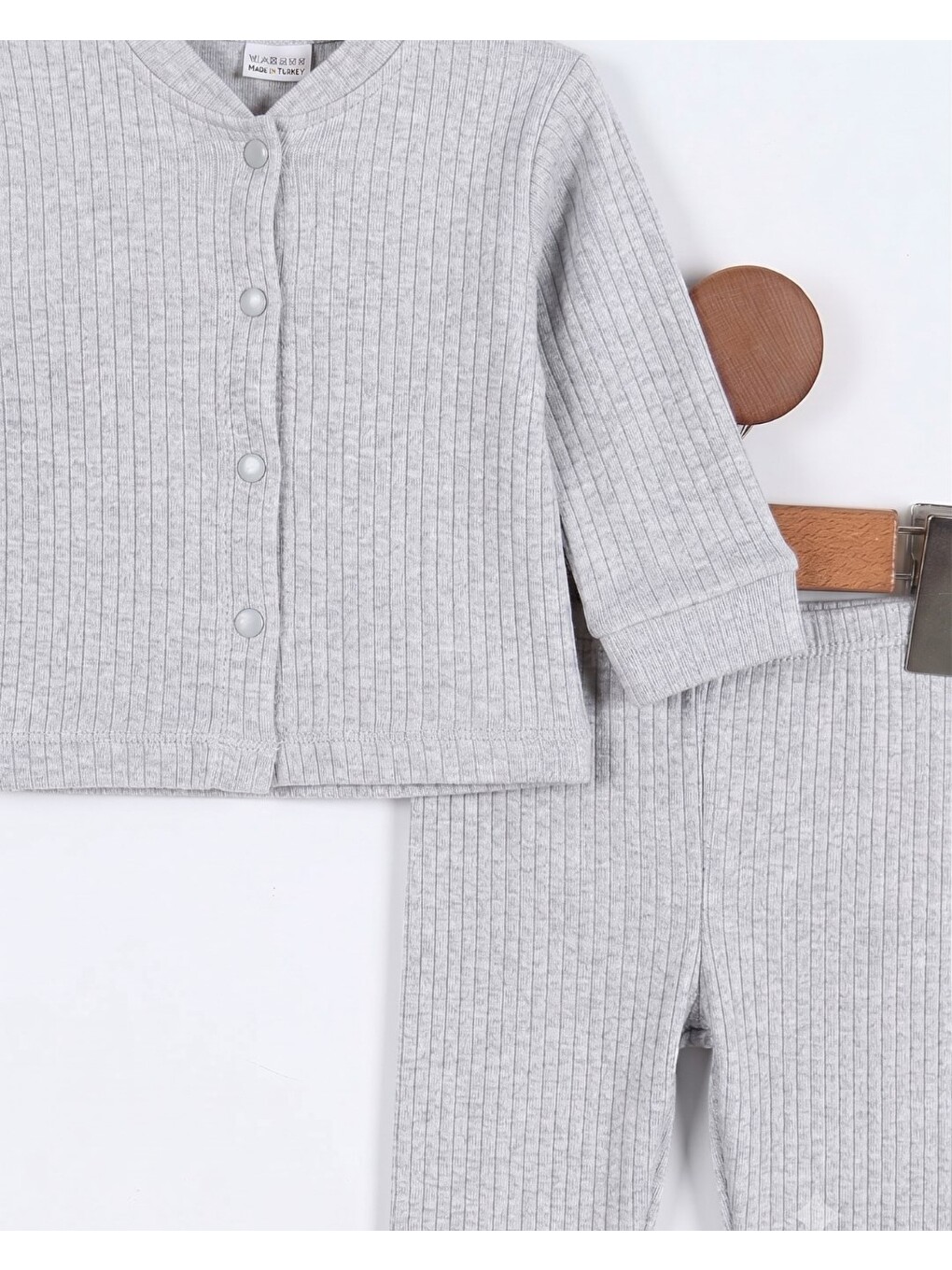 Gri Çıtçıtlı %100 Pamuk Yenidoğan Fitilli Alt Üst Pijama Takım-3