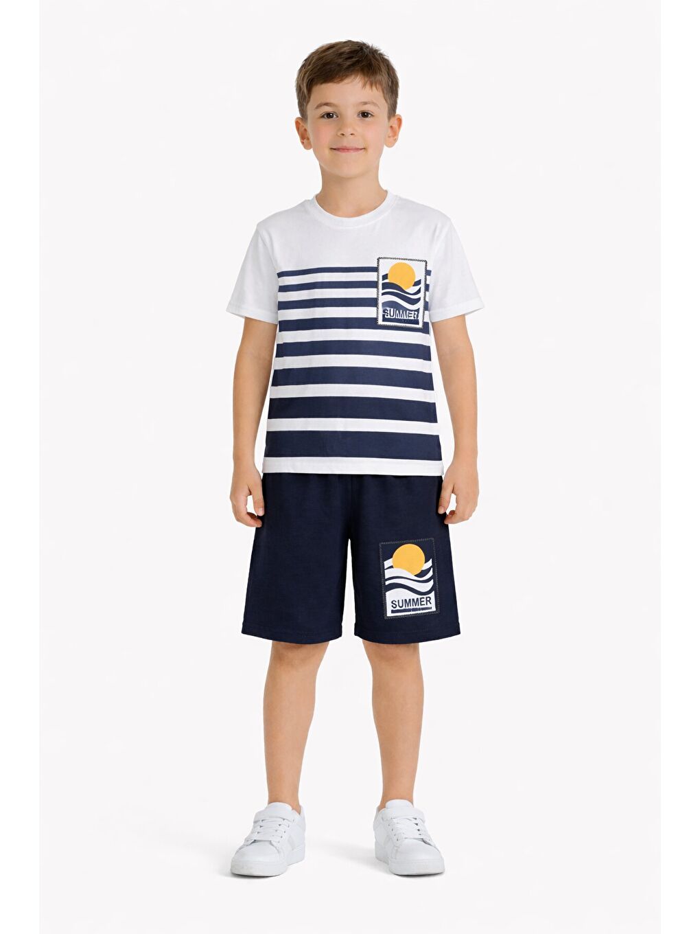 İndigo Çizgi Desenli Summer Baskı Erkek Çocuk Şortlu Tişörtlü Takım 23785