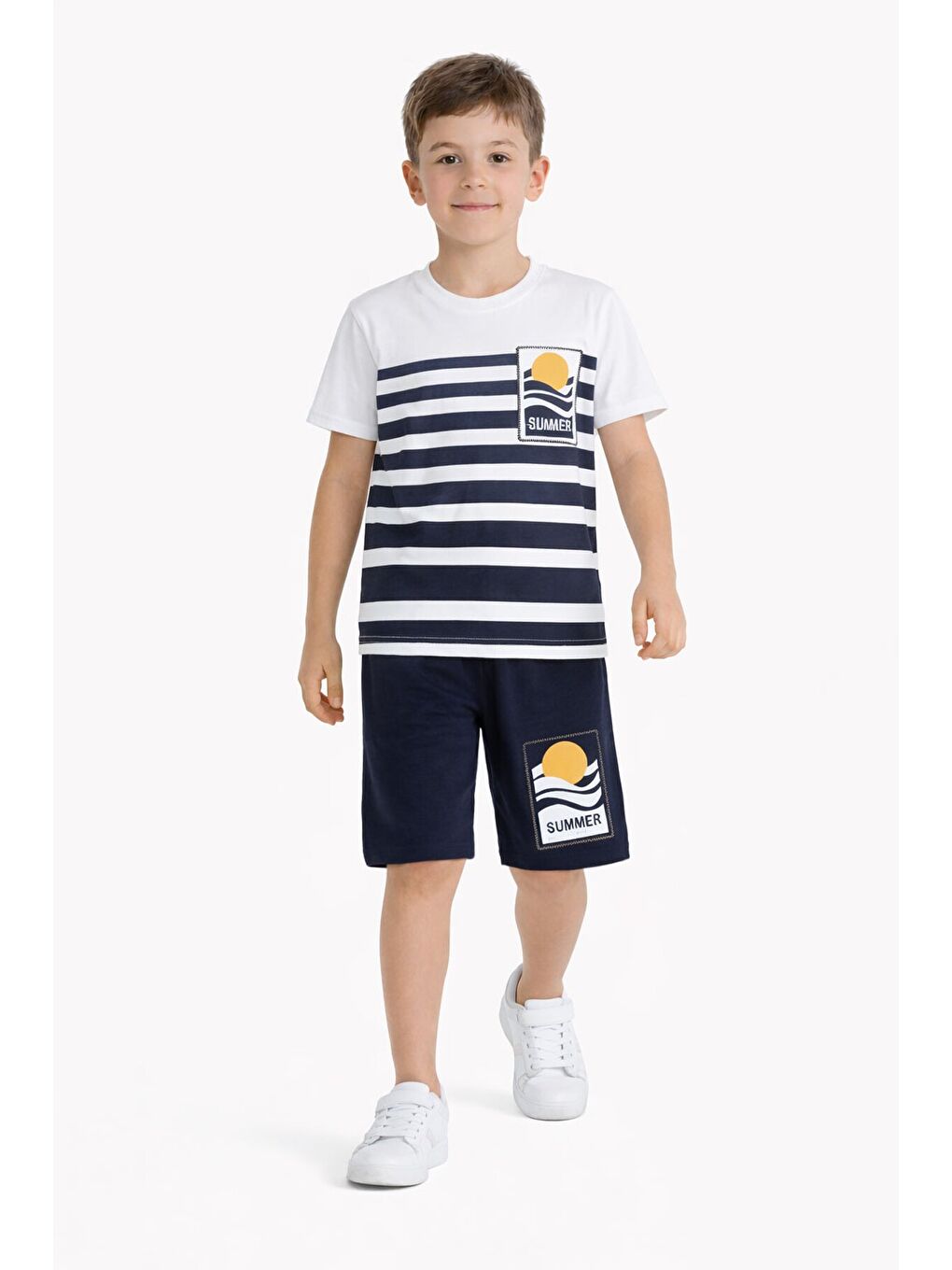 İndigo Çizgi Desenli Summer Baskı Erkek Çocuk Şortlu Tişörtlü Takım 23785-3