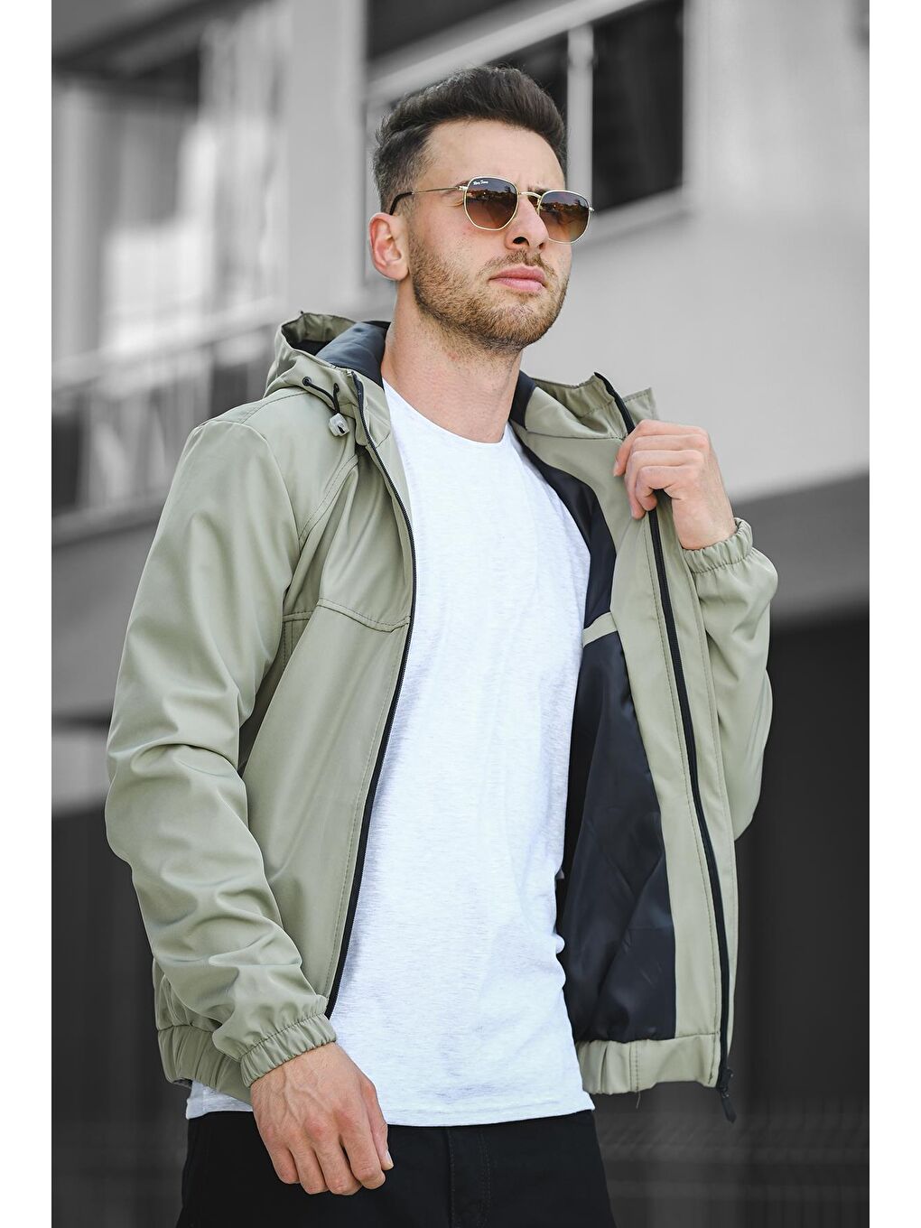 Yeşil Suya Dayanaklı Slim Fit Erkek Kapüşonlu Mevsimlik Mont Yağmurluk-1