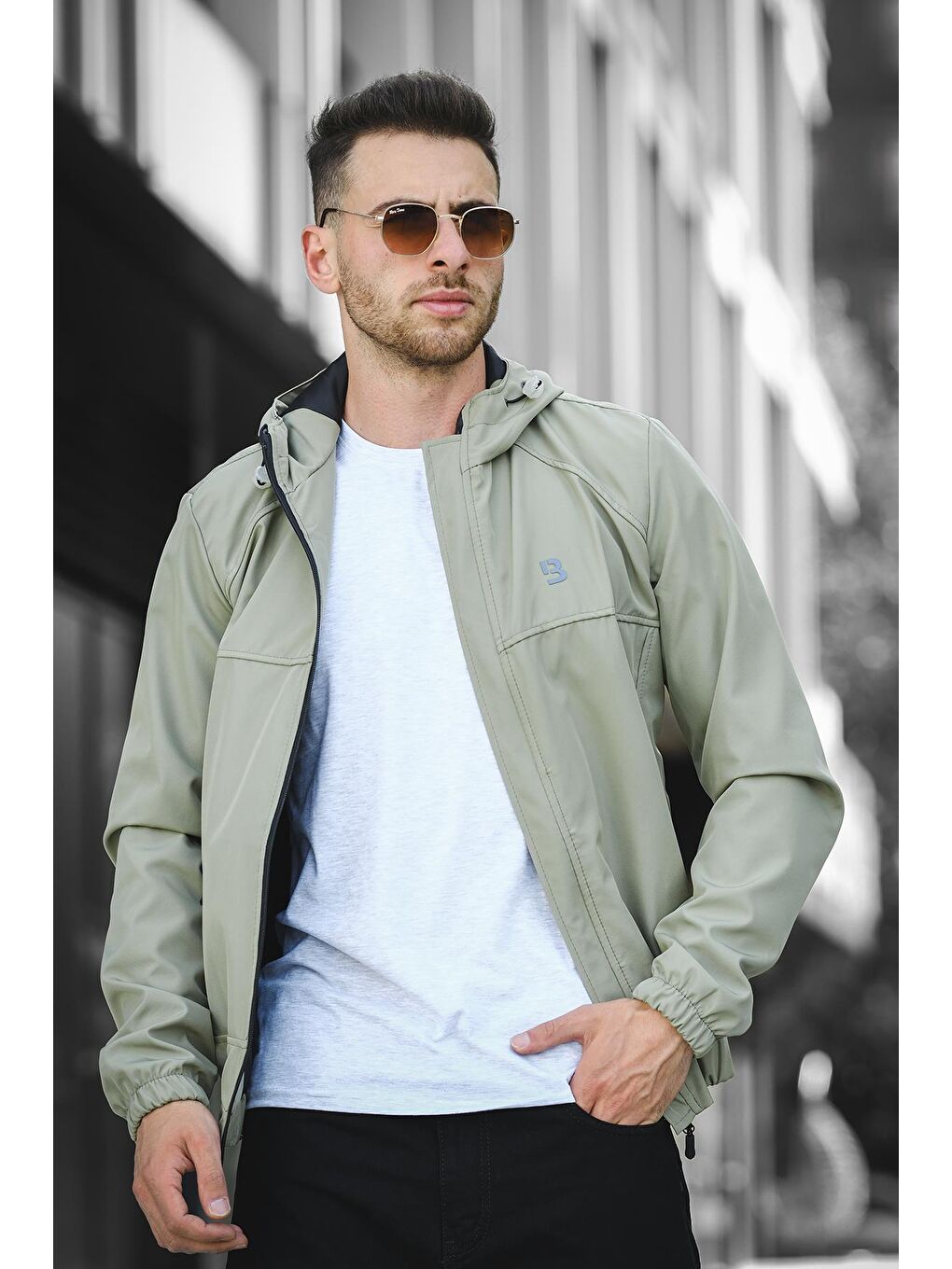 Yeşil Suya Dayanaklı Slim Fit Erkek Kapüşonlu Mevsimlik Mont Yağmurluk-2