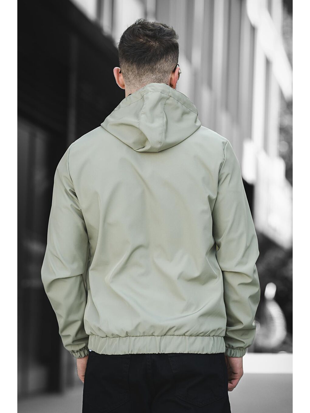 Yeşil Suya Dayanaklı Slim Fit Erkek Kapüşonlu Mevsimlik Mont Yağmurluk-4