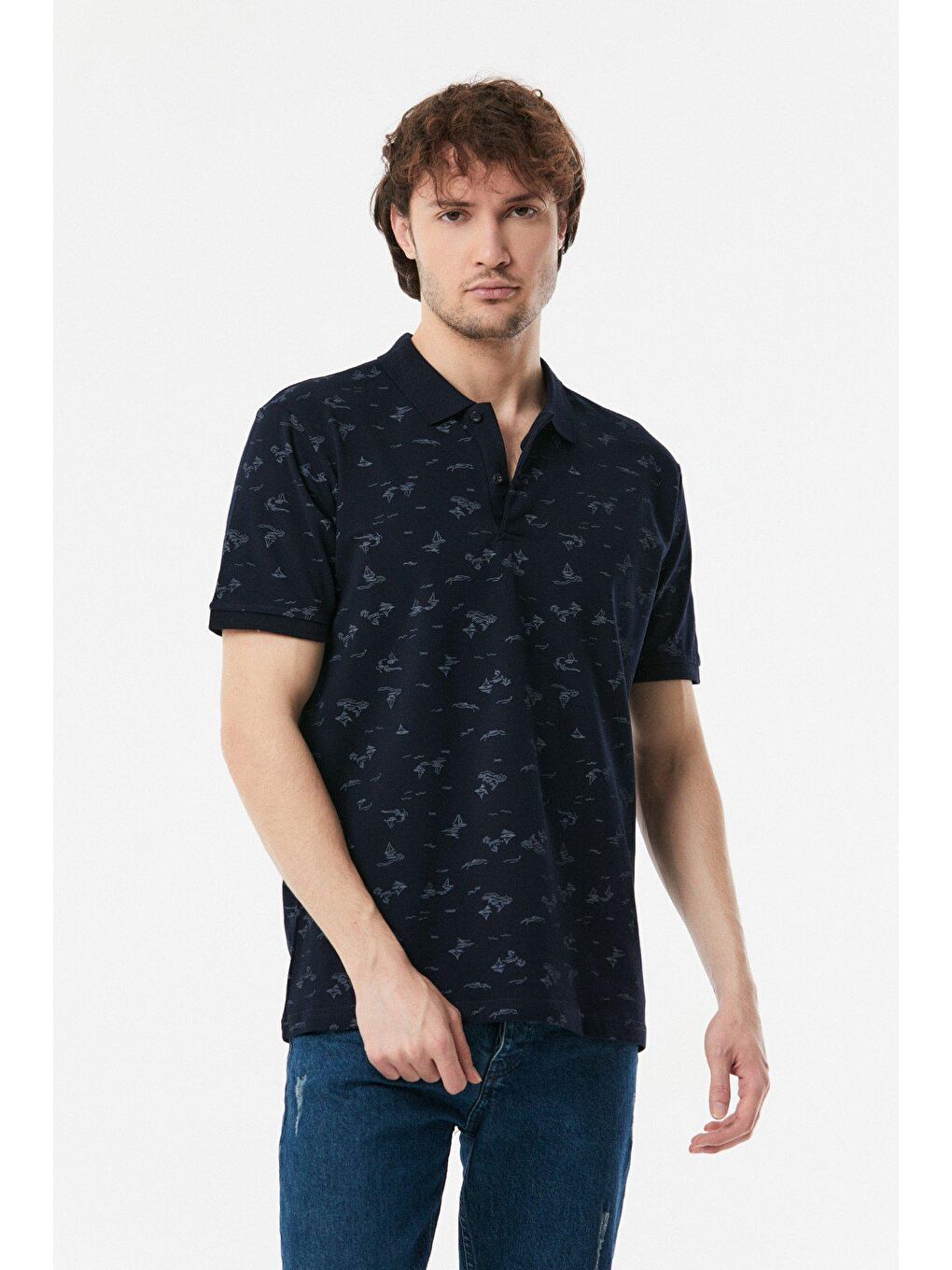 Lacivert Yelken Desenli Polo Yaka Tişört