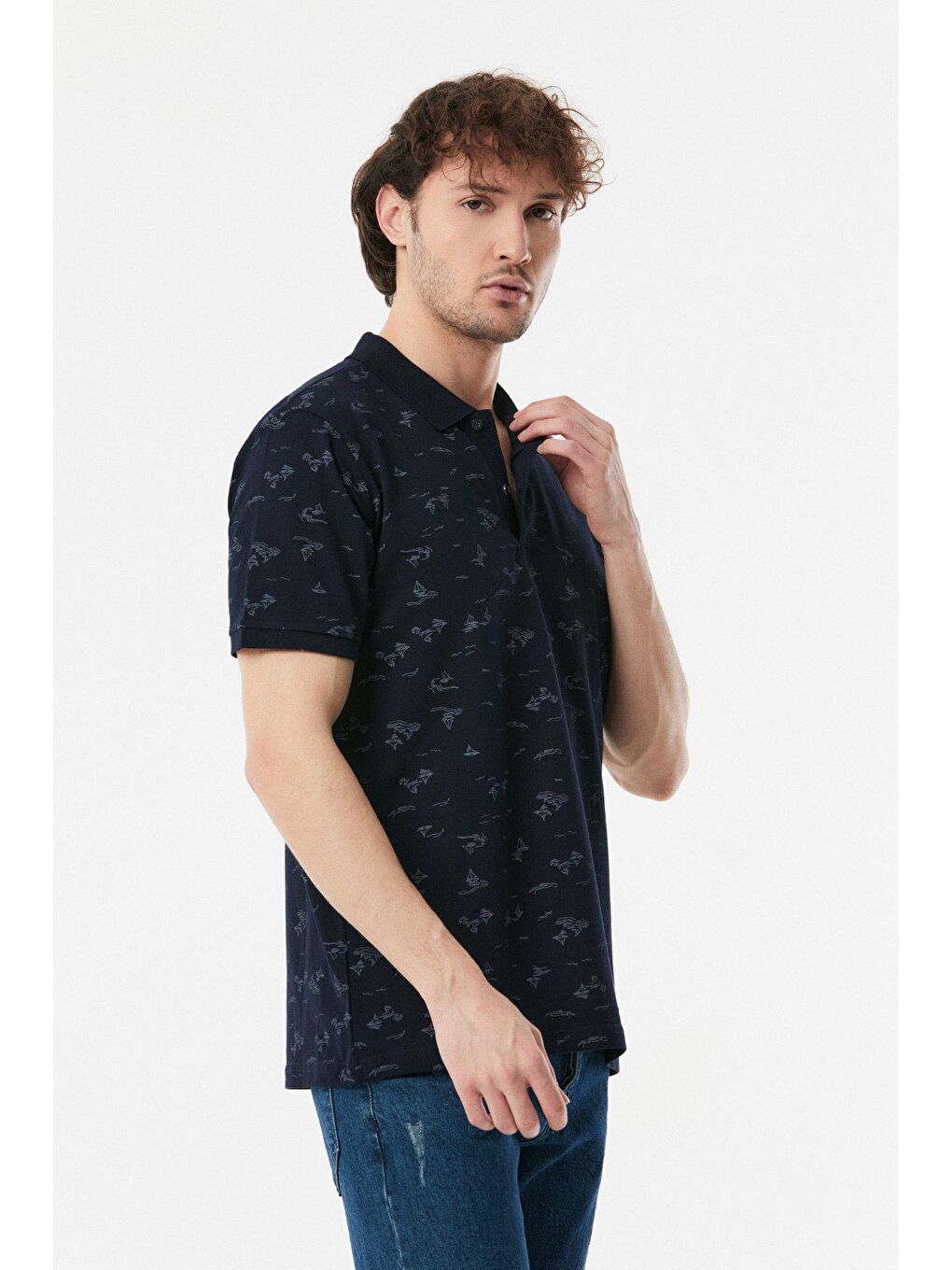 Lacivert Yelken Desenli Polo Yaka Tişört-1