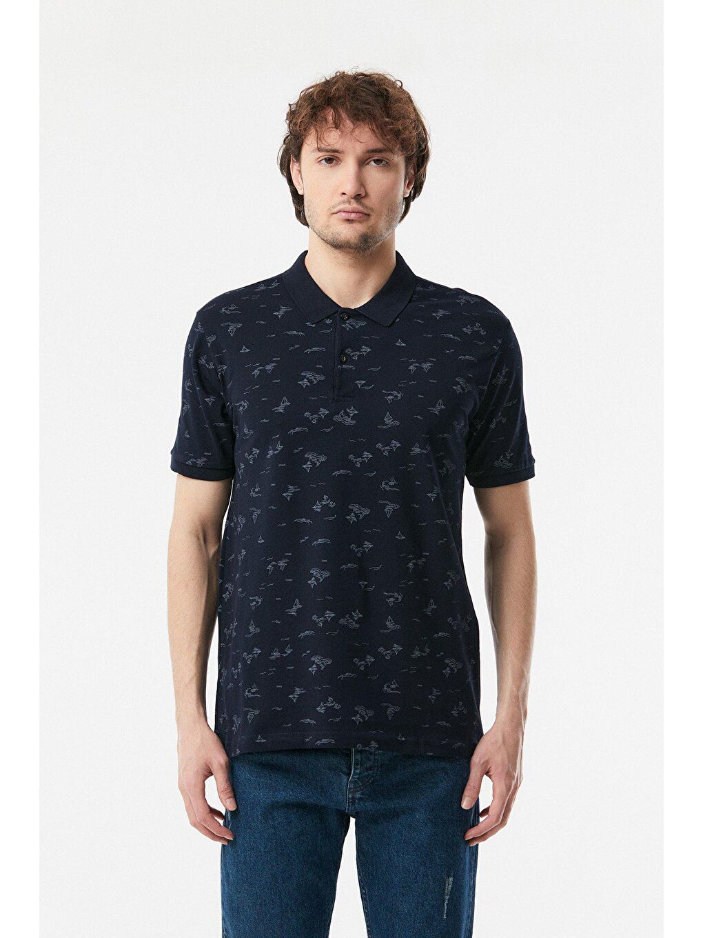 Lacivert Yelken Desenli Polo Yaka Tişört-4