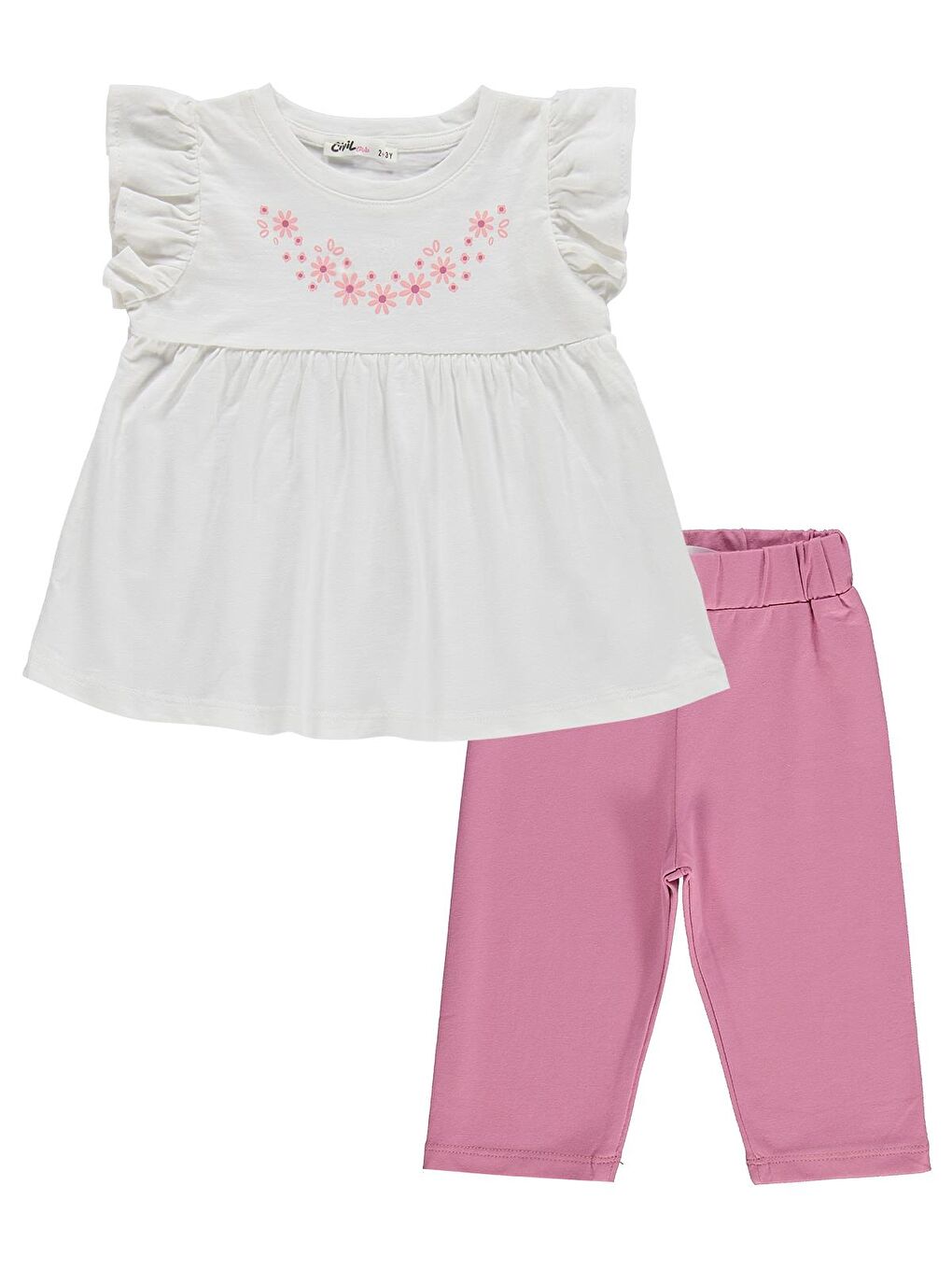 Girls Çiçek Baskılı 2-5 Yaş Takım - Ekru-3