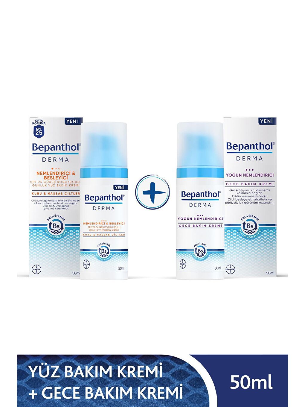 Bepanthol Şeffaf Derma Nemlendirici & Besleyici SPF 25 Günlük Yüz Kremi 50ML + Derma Gece Bakım Kremi 50ML