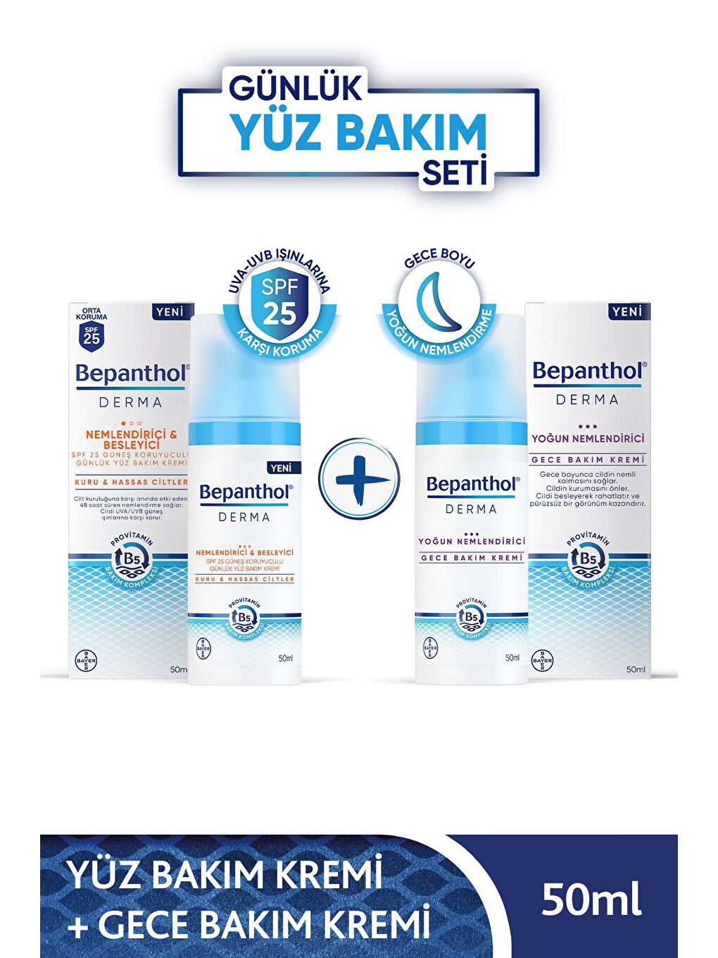 Bepanthol Şeffaf Derma Nemlendirici & Besleyici SPF 25 Günlük Yüz Kremi 50ML + Derma Gece Bakım Kremi 50ML - 1