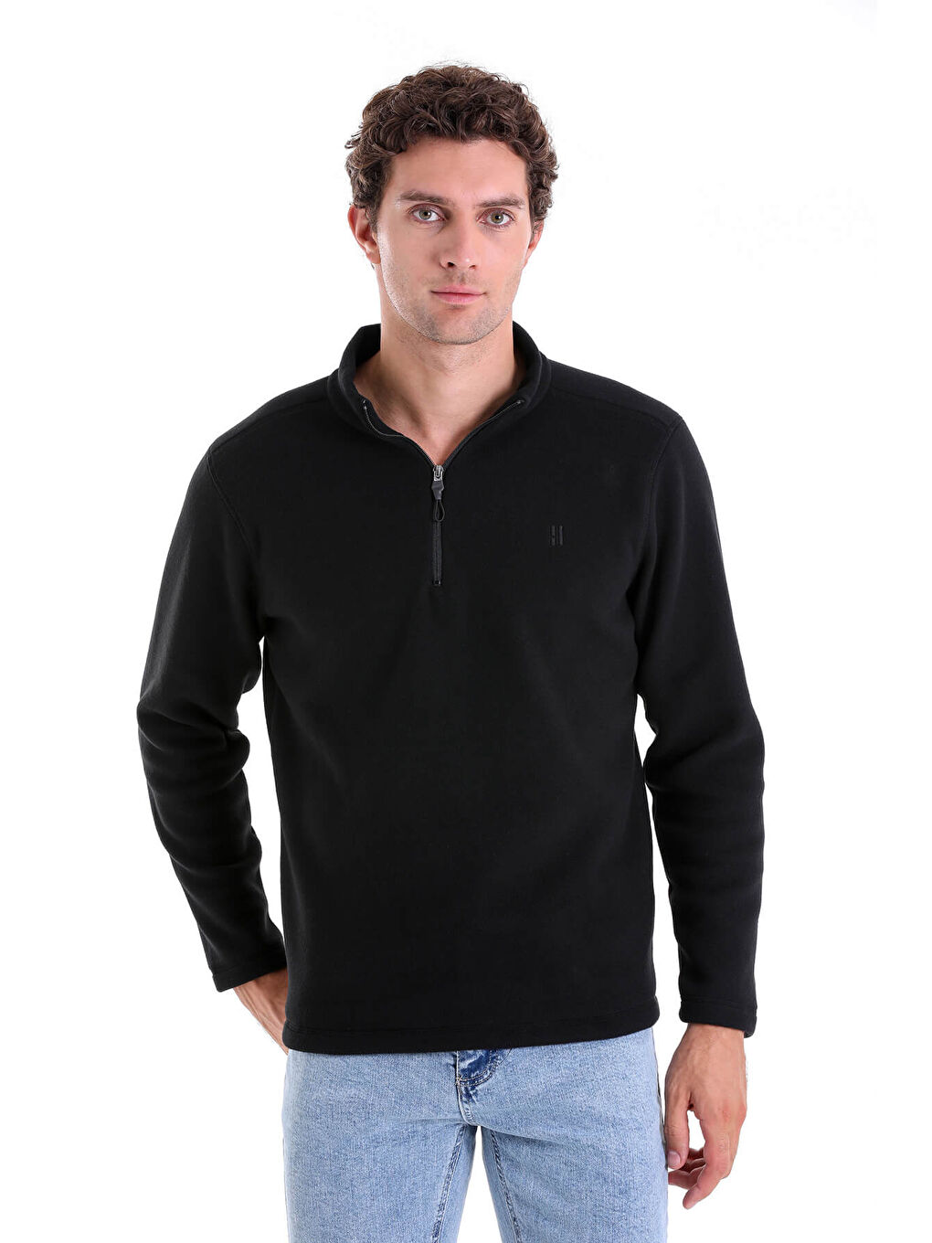 Hatemoğlu Siyah Regular Fit Düz Yarım Fermuarlı Bato Yaka Polar Sweatshirt