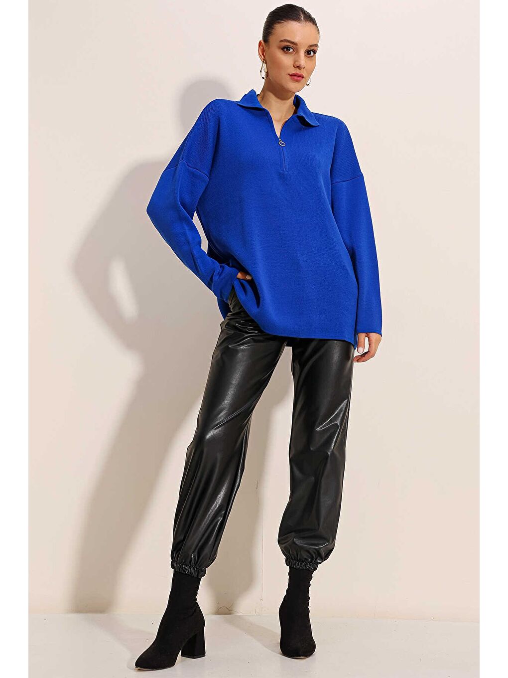 Kadın Saks Mavisi Polo Yaka Oversize Fermuarlı Triko Kazak-1