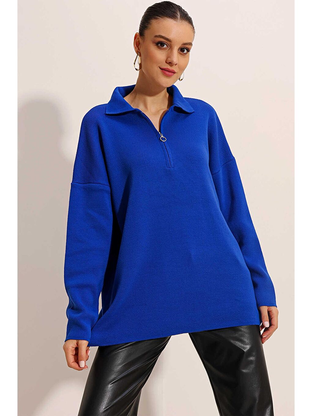 Kadın Saks Mavisi Polo Yaka Oversize Fermuarlı Triko Kazak-2