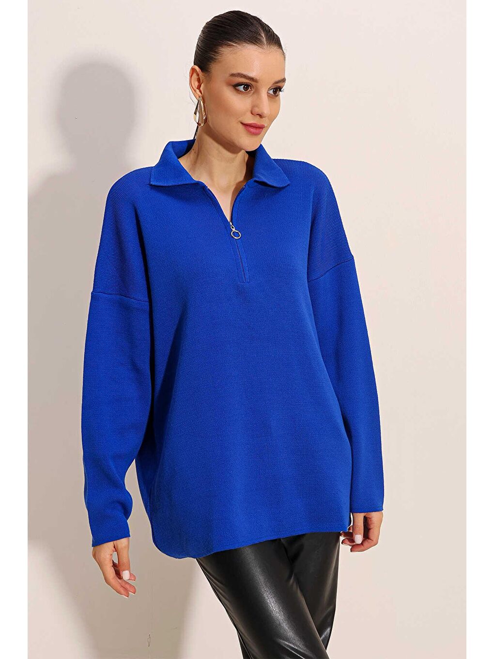 Kadın Saks Mavisi Polo Yaka Oversize Fermuarlı Triko Kazak-3