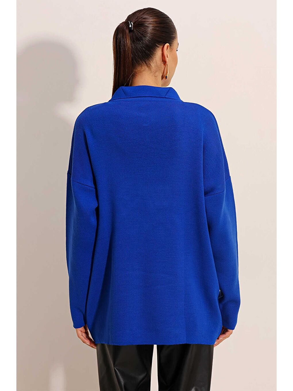 Kadın Saks Mavisi Polo Yaka Oversize Fermuarlı Triko Kazak-4